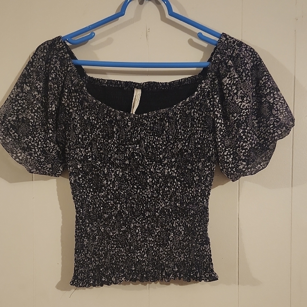 Anthropologie Black and White Smocked Blouse